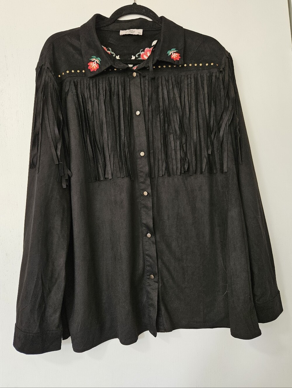 John Moon Texas Black Faux Suede Fringe Embroidered Western Shirt XXL